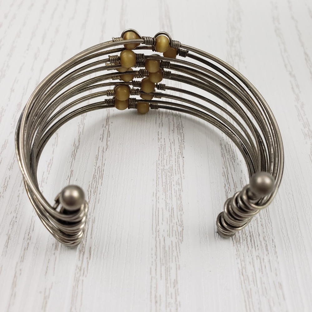 Silver Tone Cuff Bracelet Multi Wire Glass Beads - Picture 3 of 5